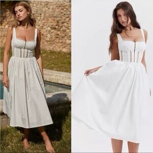 NEW House Of CB Perle White Lace Trim Midi Dress Square Neck Bodice Panel M